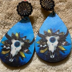 Blue Teardrop Earrings with Skull Design. Design is on front and back